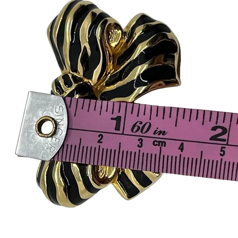 Swarovski Bow Brooch Pin Gold & Black Enamel Vintage Swan Signed Retro 80s Chic